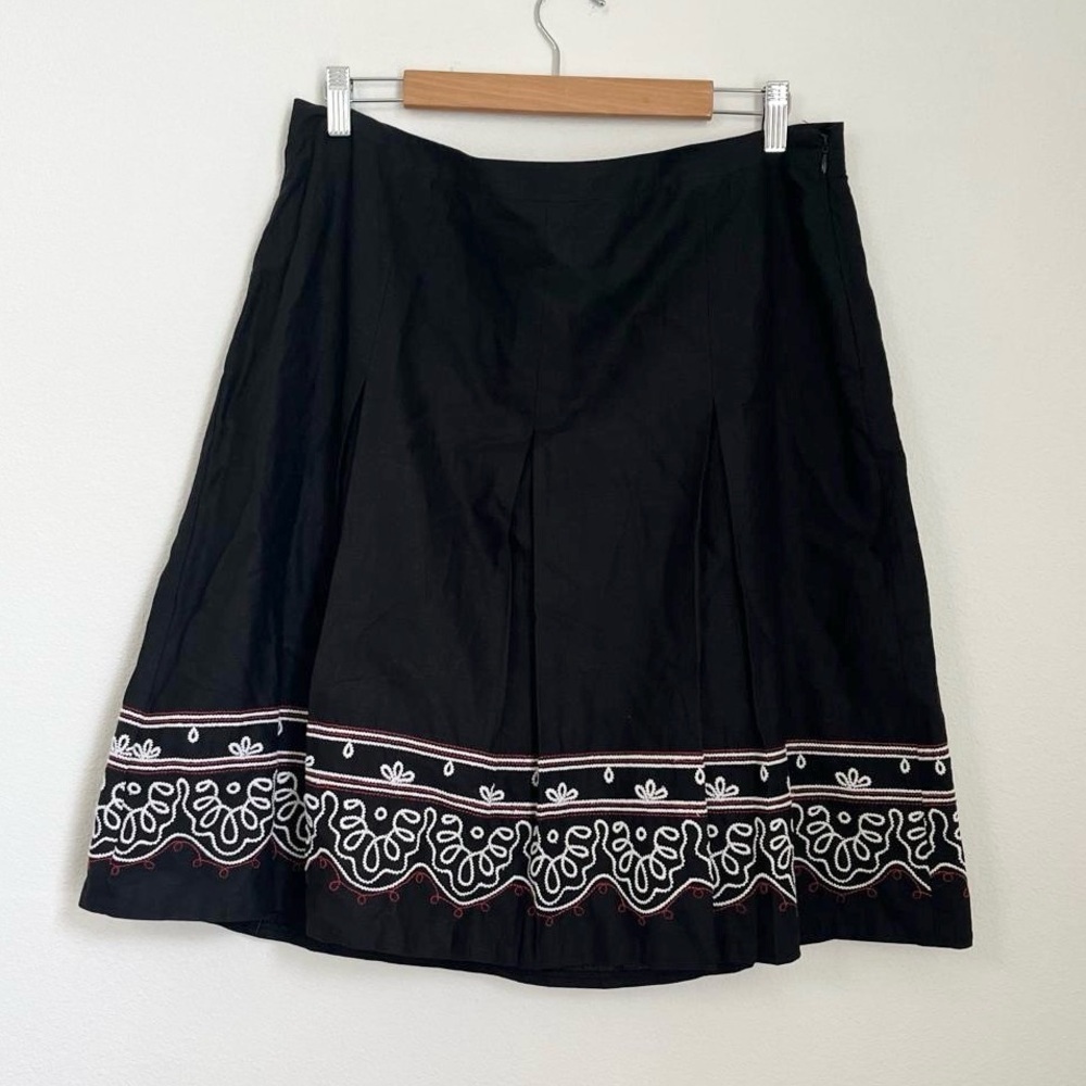 Ann Taylor Loft Black Linen Blend Pleated Skirt Red/White Embroidery Sz 14 Lined